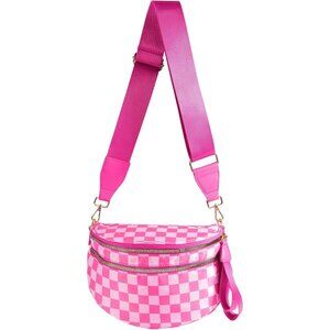 👑Women's Rose White Nylon Checkered Adjustable Straps Zipper Crossbody Bag
